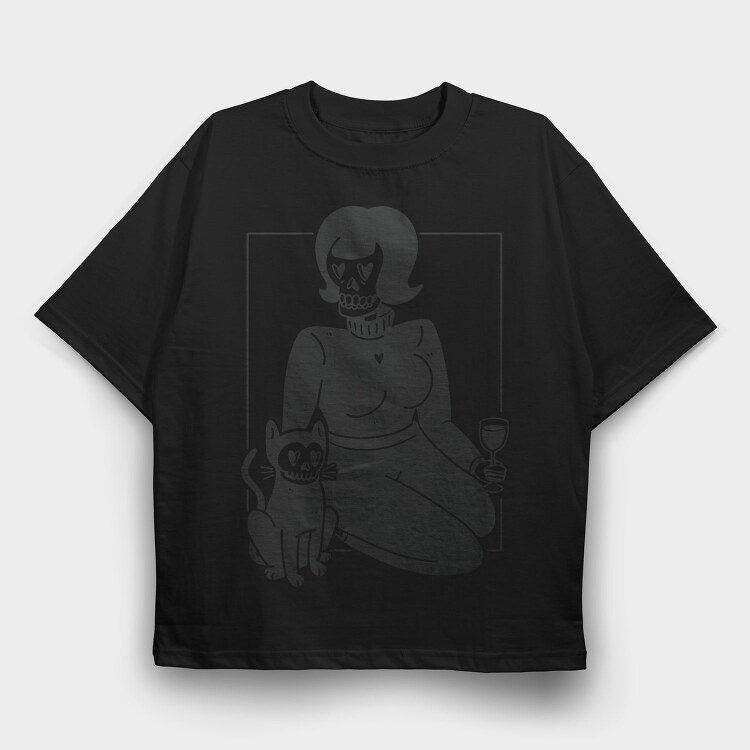 Skeleton Girl And Cat, Tricou Oversize Barbati (Unisex)