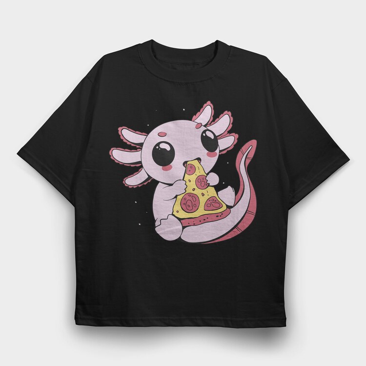 Cute Axolotl Eating Pizza, Tricou Oversize Barbati (Unisex)