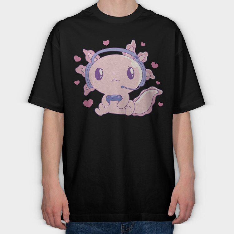 Cute Axolotl Playing Videogames Gaming, Tricou Oversize Barbati (Unisex)