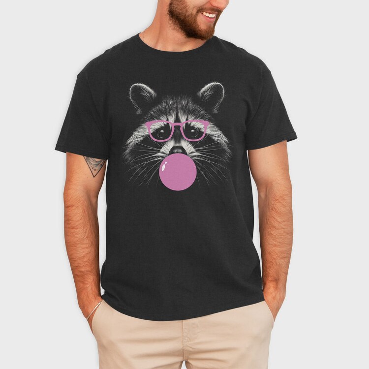 Funny Raccoon With Bubblegum And Glasses, Tricou Barbati (Unisex)