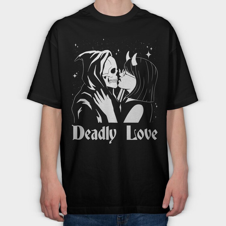 Woman Kissing Skeleton Deadly Love, Tricou Oversize Barbati (Unisex)
