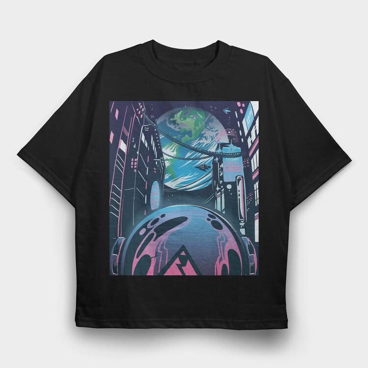 Futuristic City Neon Cyberpunk, Tricou Oversize Barbati (Unisex)