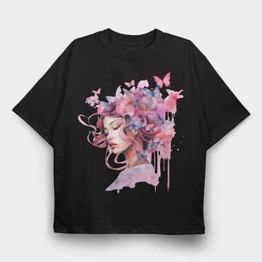 Woman With Butterflies, Tricou Oversize Barbati (Unisex)