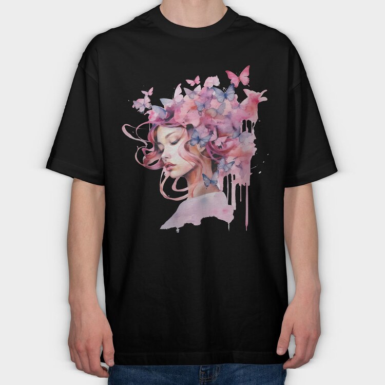 Woman With Butterflies, Tricou Oversize Barbati (Unisex)