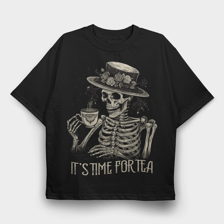 Tea Time Skeleton Grunge, Tricou Oversize Barbati (Unisex)