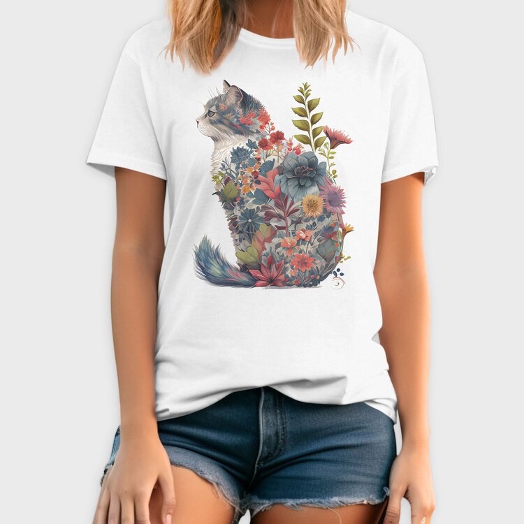 Floral Cat Silhouette Flower, Tricou Barbati (Unisex)