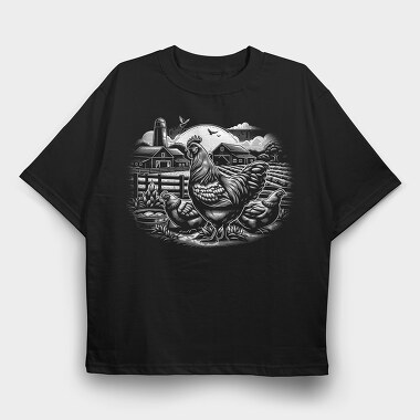 Monochrome Farm Chicken Illustration, Tricou Oversize Barbati (Unisex)