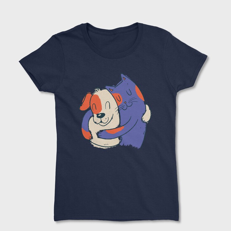 Tricou Femei, Blue Cat and Dog Hugging