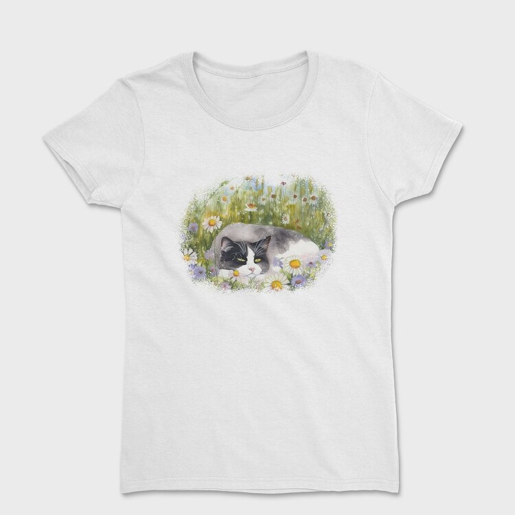 Tricou Femei, Cat Sleeping in Flower Field