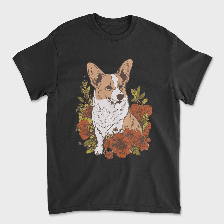 Tricou Barbati (Unisex), Corgi Dog Red Flowers