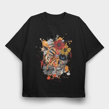 Tiger And Skull Abstract 001, Tricou Oversize Barbati (Unisex)
