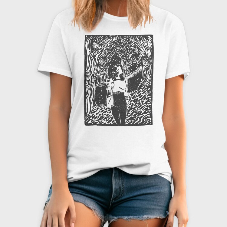 Girl Walking On Magical Forest Lino Art, Tricou Barbati (Unisex)