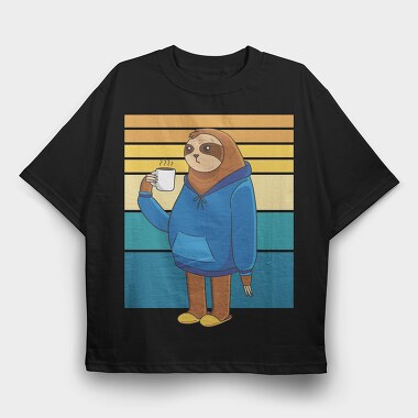 Tired Sloth Drinking Coffee Lazy Retro Sunset, Tricou Oversize Barbati (Unisex)