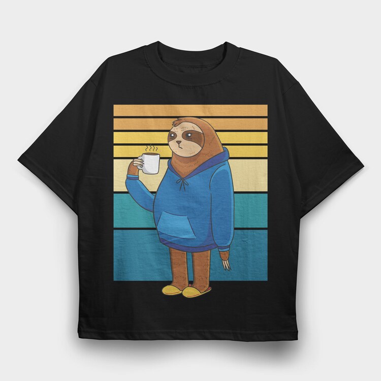 Tired Sloth Drinking Coffee Lazy Retro Sunset, Tricou Oversize Barbati (Unisex)