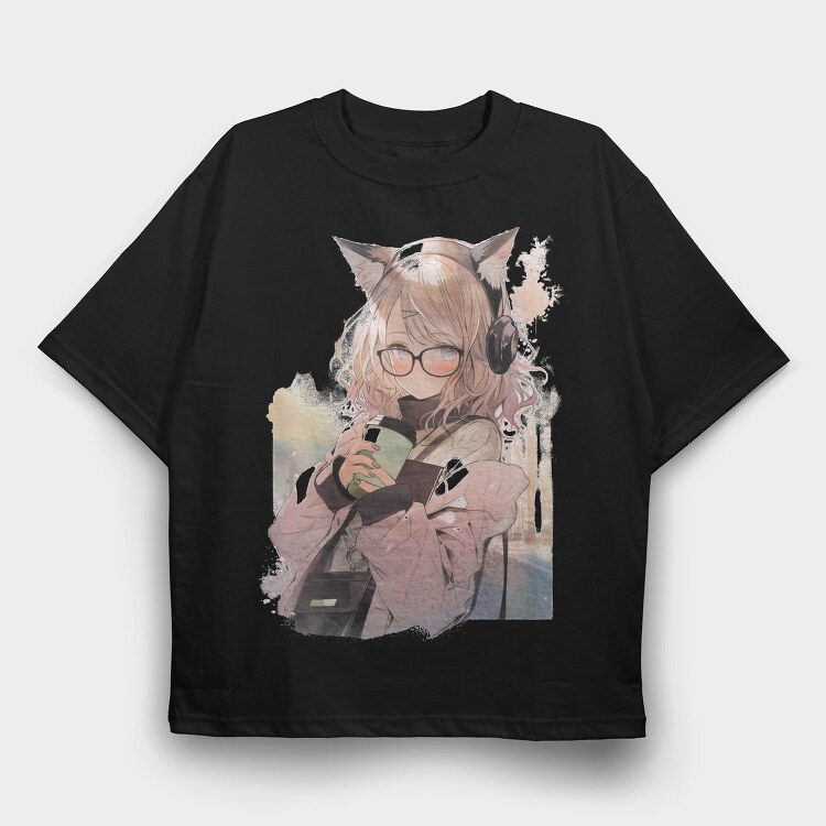 Pretty Anime Girl With Headphones, Tricou Oversize Barbati (Unisex)