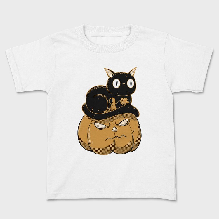 Tricou Copii, Pumpkin and Cute Black Cat