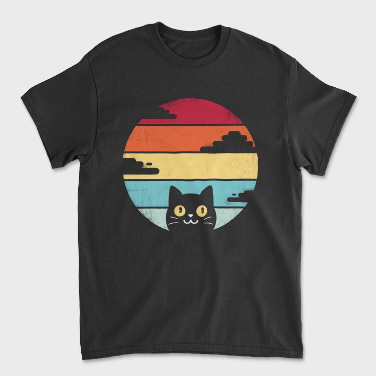 Tricou Barbati (Unisex), Retro Sunset Cat Funny