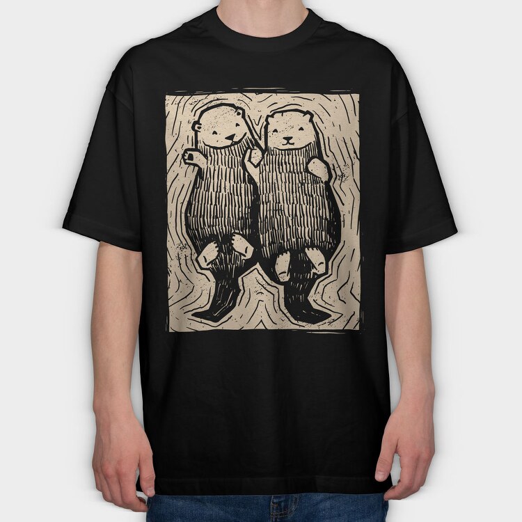 Cute Hand Drawn Otters Lino Art, Tricou Oversize Barbati (Unisex)