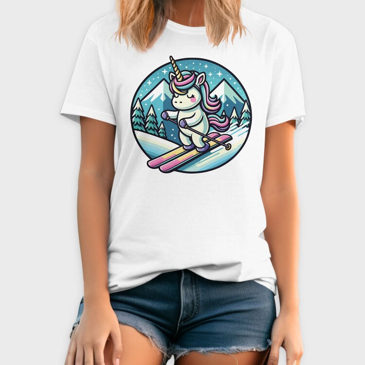 Skiing Unicorn Winter Scene Sky, Tricou Barbati (Unisex)