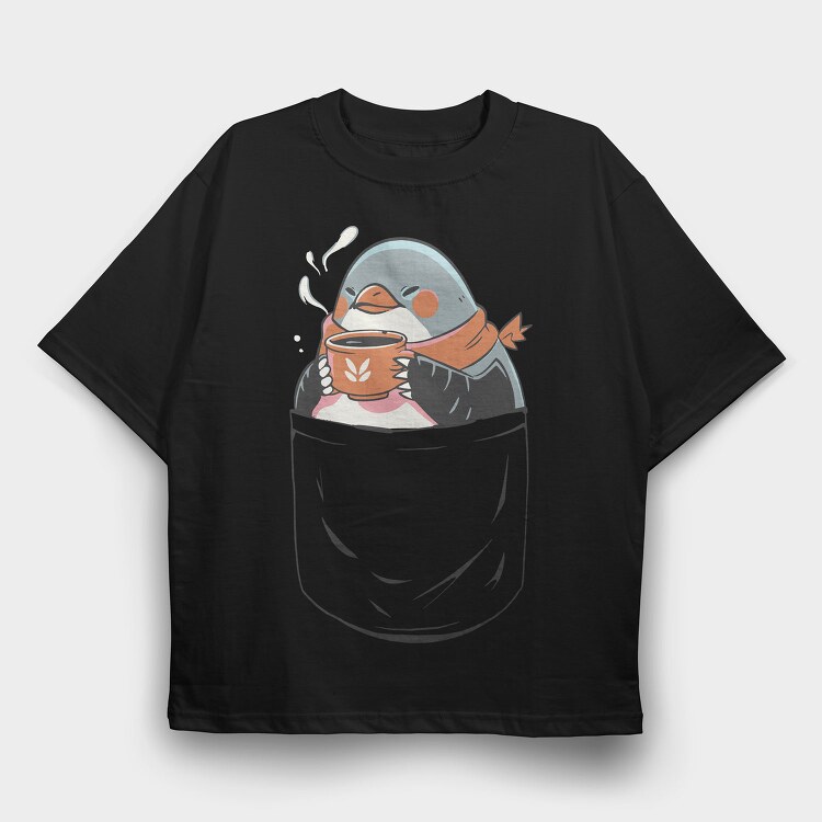 Cute Penguin In Pocket Coffee, Tricou Oversize Barbati (Unisex)