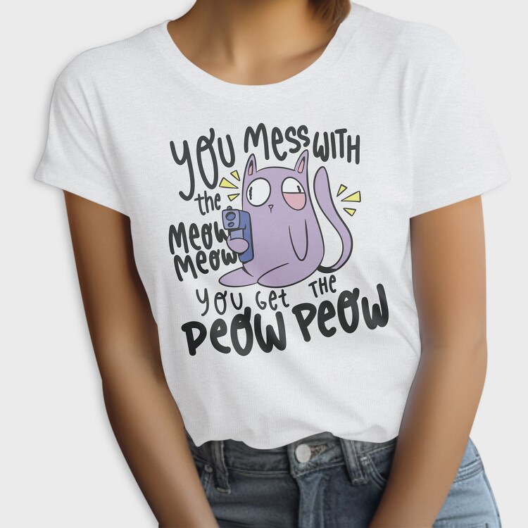 Cartoon Cat With Gun Meow Peow, Tricou Femei