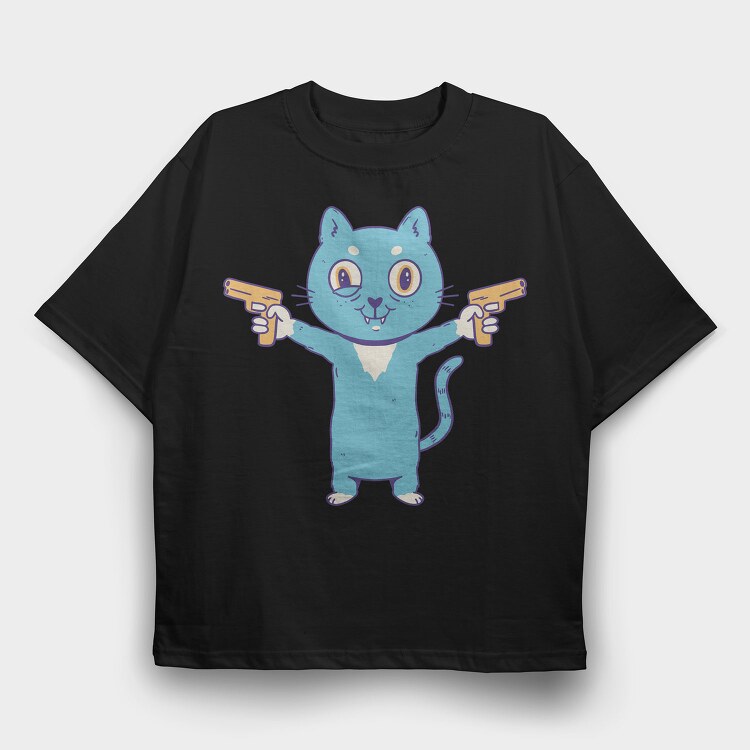 Cartoon Cat With Guns Pew Pew, Tricou Oversize Barbati (Unisex)
