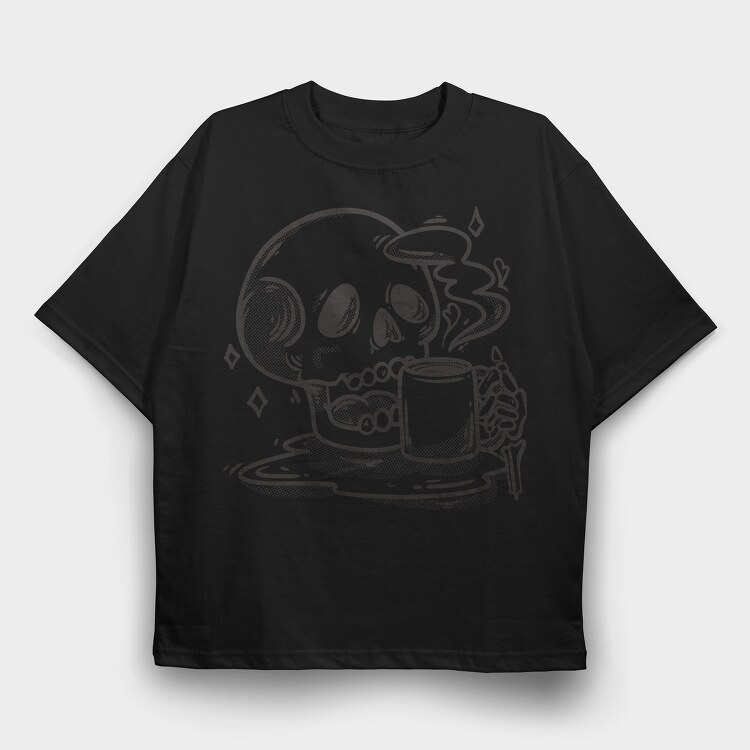 Skull Drinking Coffee Skeleton, Tricou Oversize Barbati (Unisex)