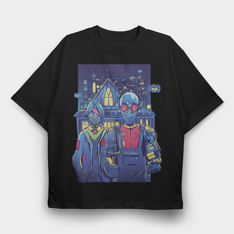 Cyberpunk Couple In City Painting Recreated, Tricou Oversize Barbati (Unisex)