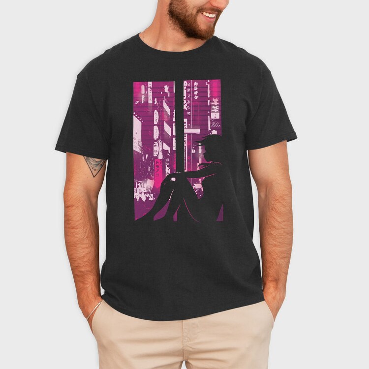 Cyberpunk Girl Silhouette Vaporwave Window, Tricou Barbati (Unisex)