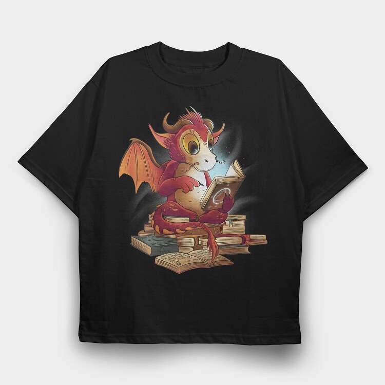 Reading Dragon Fantasy Books Illustration, Tricou Oversize Barbati (Unisex)