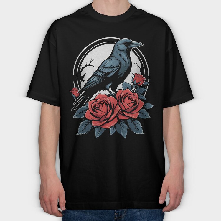 Enigmatic Crow And Roses, Tricou Oversize Barbati (Unisex)