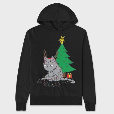 Cat Tangled in Christmas Lights, Hanorac Oversize Barbati (Unisex)