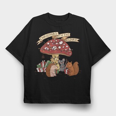 Christmas Mushroom And Animals With The Beloved, Tricou Oversize Barbati (Unisex)
