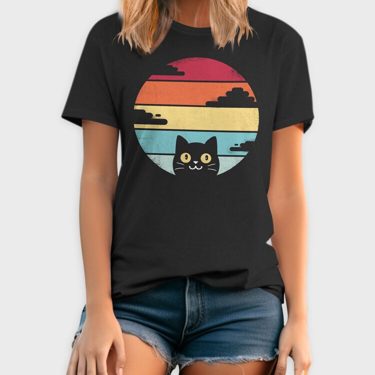 Retro Sunset Cat Funny, Tricou Barbati (Unisex)