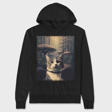 Cat With Alien Spaceships, Hanorac Oversize Barbati (Unisex)