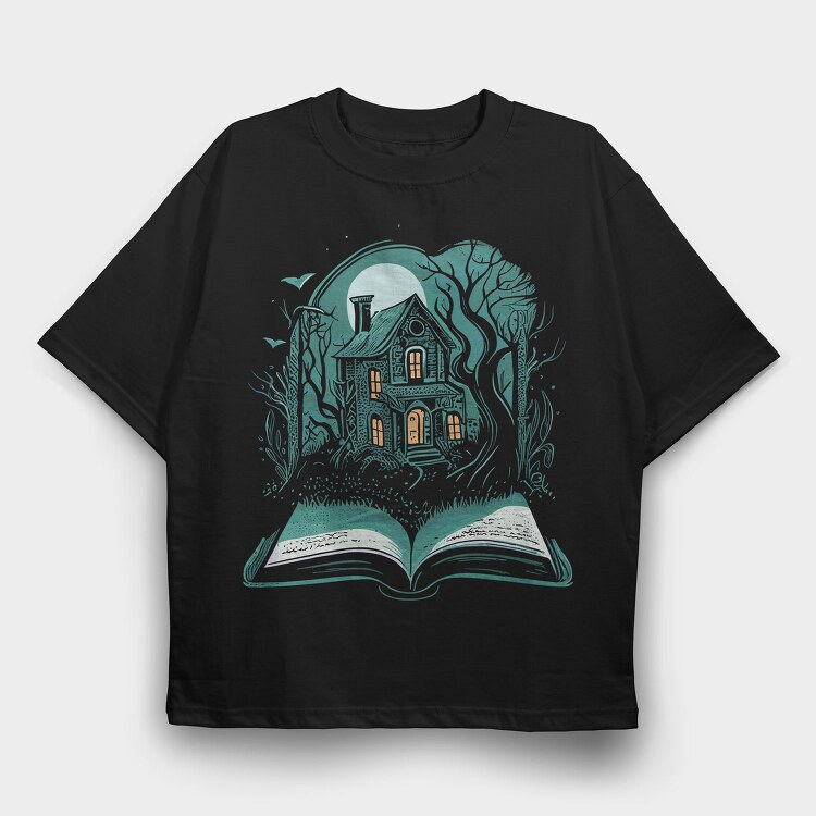 Book And Haunted House, Tricou Oversize Barbati (Unisex)