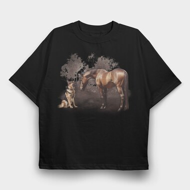 Horse And German Shepherd, Tricou Oversize Barbati (Unisex)