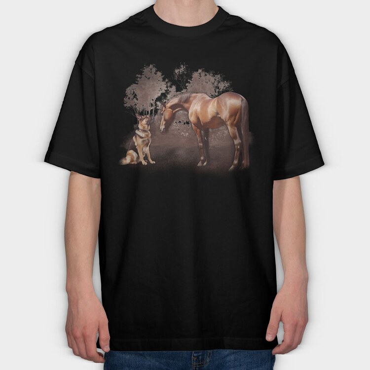Horse And German Shepherd, Tricou Oversize Barbati (Unisex)