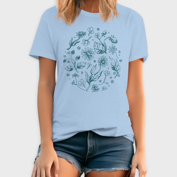 Circle Of Flowers And Leaves Botanical Line Elements, Tricou Barbati (Unisex)