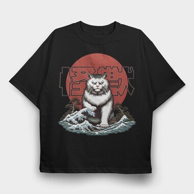 Japanese Wave Cat Catzilla, Tricou Oversize Barbati (Unisex)