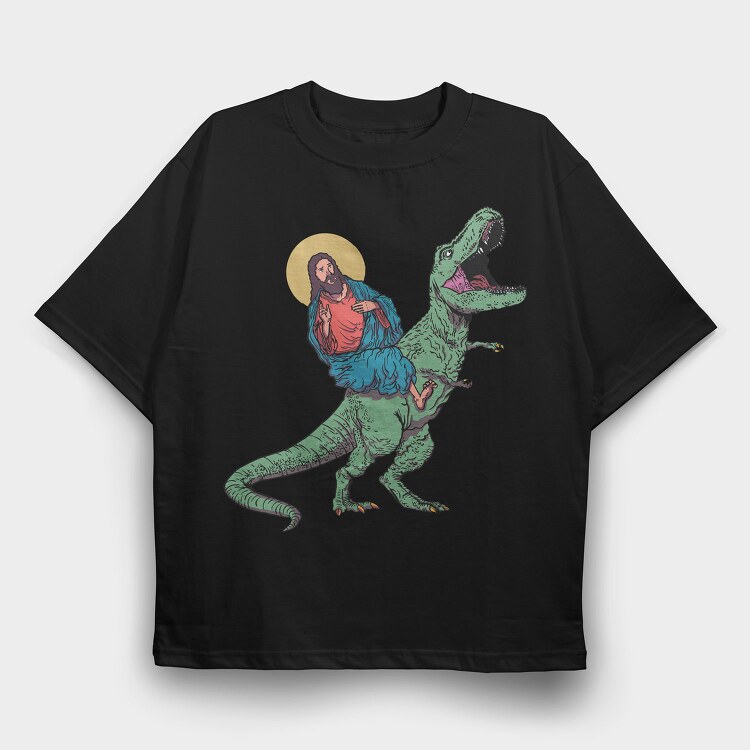 Jesus And T Rex Funny, Tricou Oversize Barbati (Unisex)