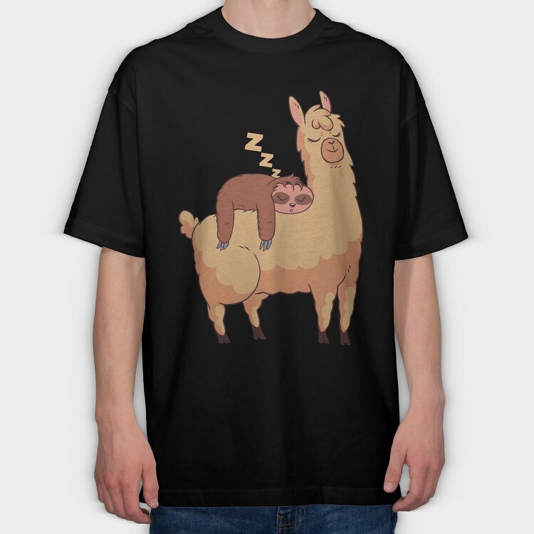 Sloth Riding Llama Sleeping, Tricou Oversize Barbati (Unisex)