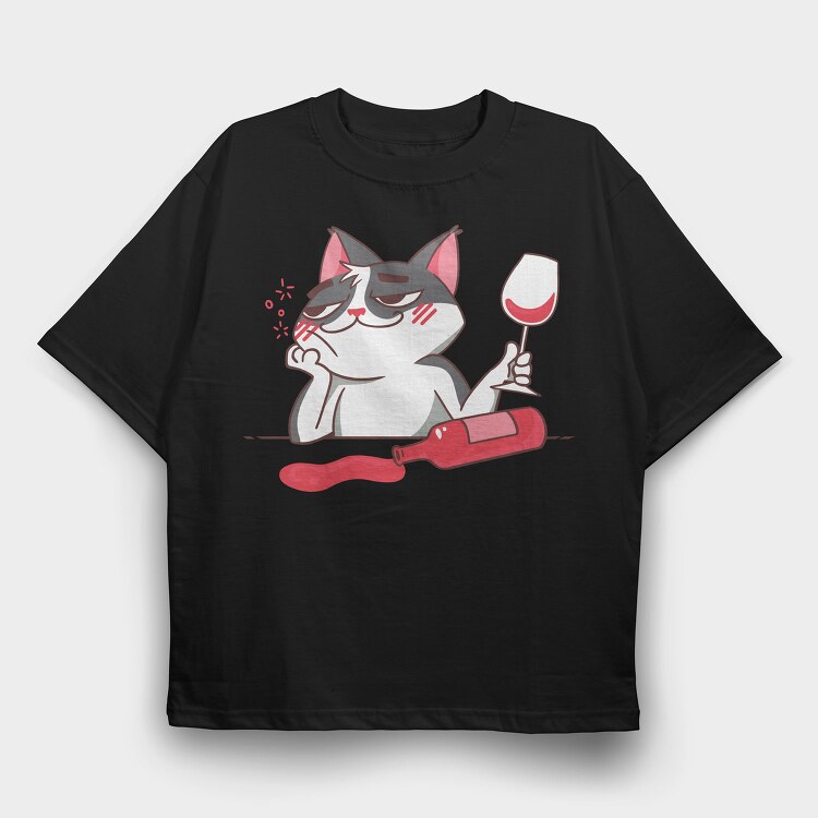 Wine Cat Drunk, Tricou Oversize Barbati (Unisex)