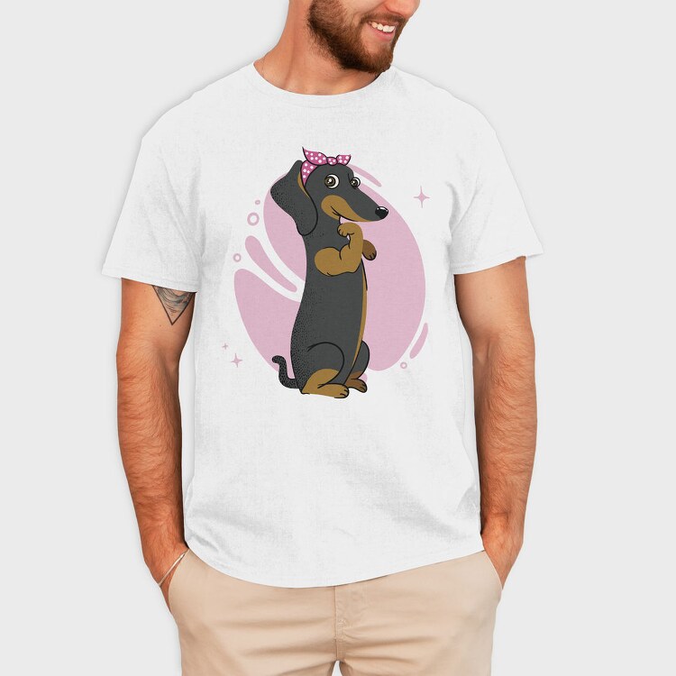 Dachshund Dog Pink Bow Dachsund Riveter Girl, Tricou Barbati (Unisex)