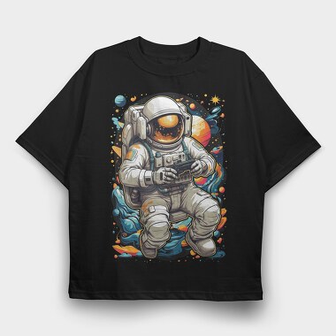 Astronaut Gamer In Cosmic Hues, Tricou Oversize Barbati (Unisex)