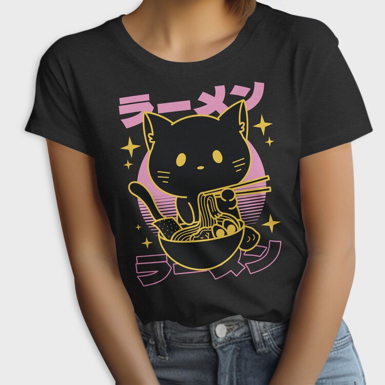 Cat Eating Ramen Food Retro, Tricou Femei