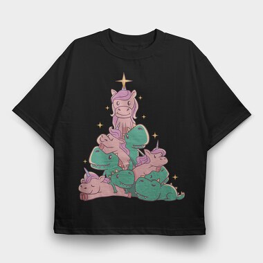 Unicorns And T Rex Christmas Tree, Tricou Oversize Barbati (Unisex)