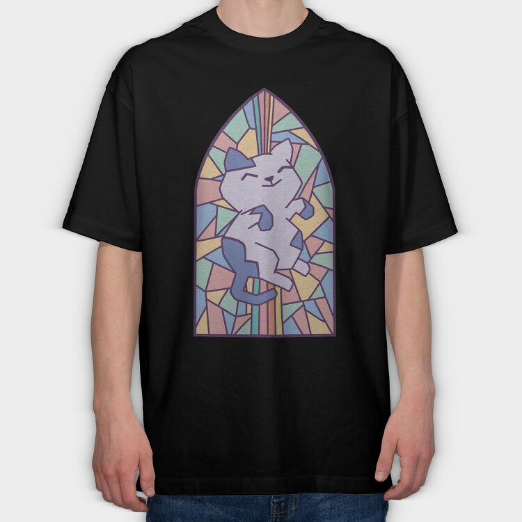 Cat In Church Window Style Py, Tricou Oversize Barbati (Unisex)