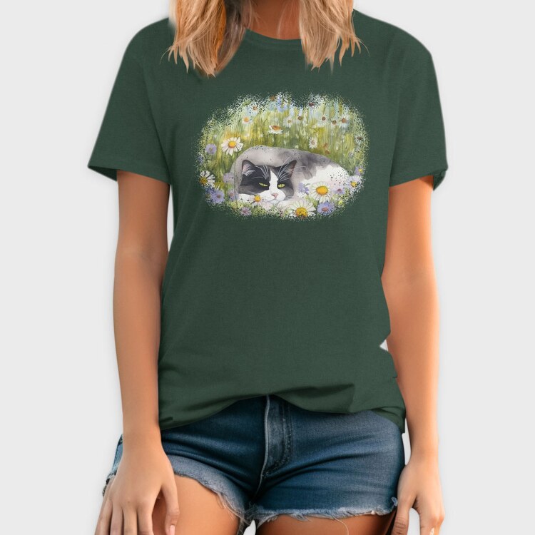 Cat Sleeping in Flower Field, Tricou Barbati (Unisex)