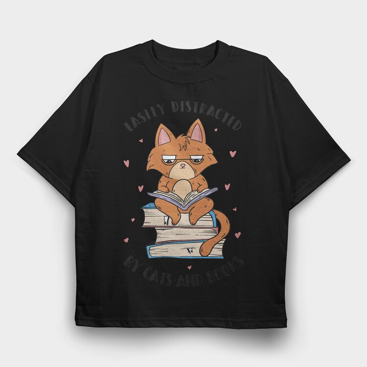 Cat Reading Books, Tricou Oversize Barbati (Unisex)